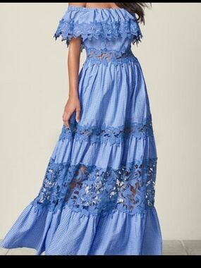 VENUS Blue Gingham Off-Shoulder Lace Maxi Dress